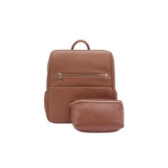 two pieces of brown leather backpack and purse on a white background, one with zippers