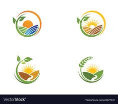 four different logos with the sun, grass and trees in them on white background illustration