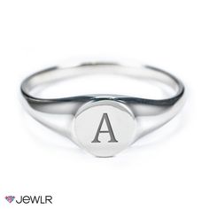 This classic style signet ring is can be worn on the pinky ring finger, on its own or layered with a curved band ring to create a unique layered look. Personalize this ring by engraving an initial in the center of the circle, and customize it in sterling silver or 10k gold. Minimalist Engraved Ring With Initials, Minimalist Engraved Initial Ring With Round Band, Minimalist Engraved Initial Round Band Ring, Modern Adjustable Engraved Signet Ring, Modern Signet Ring With Engraving Option For Promise, Minimalist Initials Signet Ring, Minimalist Initials Signet Ring For Promise, Modern Engraved Open Initial Ring, Modern Personalized Round Band Jewelry