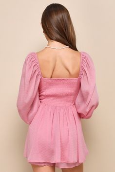 Bring a cute and flirty vibe to every day in the Lulus Adorable Perfection Pink Balloon Sleeve Bustier Romper! Lightweight woven fabric, with a tonal embellishments throughout, shapes long balloon sleeves with elastic at the cuffs and shoulders. Bustier-style bodice boasts a ruffle-trimmed sweetheart neckline with a functional tie detail and seamed cups. Fitted waist tops a flaring skirt overlay that sits atop a pair of attached shorts. Smocked panel at back for fit. Fit: This garment fits true Feminine Square Neck Tops For Beach, Feminine Fitted Tops With Elastic Neckline, Chic Cotton Top With Sweetheart Neckline, Feminine Smocked Bodice Top For Party, Feminine Party Tops With Smocked Bodice, Chic Party Tops With Smocked Back, Flirty Smocked Back Top For Brunch, Spring Party Tops With Smocked Back, Flirty Tops With Smocked Back For Brunch