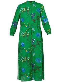 green/multicolour cotton-silk blend all-over floral print band collar front button fastening three-quarter length sleeves buttoned cuffs detachable waist belt side slits straight hem mid-length Green Floral Print Midi Dress, Summer Daywear Dresses With Belted Cuffs, Spring Knee-length Midi Dress With Belted Cuffs, Green Tie Waist Midi Dress For Work, Spring Dresses With Tie Waist And 3/4 Sleeve, Green Midi Dress With Tie Waist For Work, Green Belted Cuffs Dress For Spring, Green Spring Dress With Belted Cuffs, Green Belted Midi Length Dresses