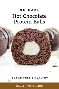 no bake hot chocolate protein balls with text overlay