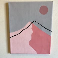 a painting on a wall with a pink and grey mountain