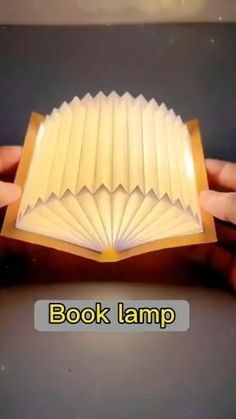 an open book lamp in the palm of someone's hand with text reading book lamp