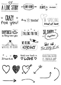 some handwritten words and hearts on a white background with the words love story, crazy for