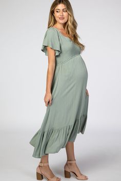 Light Olive Smocked V-Neck Maternity Midi Dress – PinkBlush Maternity Photo Dresses, Short Bell Sleeves, Floral Maternity Dresses, Maternity Midi Dress, Stylish Maternity Outfits, Casual Maternity, Baby Shower Dresses, Stylish Maternity, Pink Blush Maternity