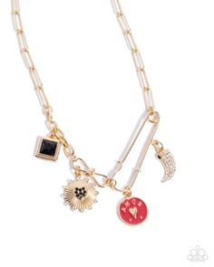 A hodgepodge of various gold charms are attached to a gold paperclip chain including an oversized gold safety pin, a white rhinestone-encrusted gold claw, a black faceted square gem pressed in a layered gold square frame, a black and white rhinestone-encrusted gold heart centered in a sunburst circular pendant, and a Pink Peacock painted gold disc featuring a stamped gold heart and the word "AMOR" for a trendy, tantalizing display. Features an adjustable clasp closure.   Sold as one individual n Pink Peacock, Copper Pearl, Wooden Bracelet, Gold Charms, Gold Disc, Gold Jewelry Necklace, Gold Charm Necklace, Paparazzi Accessories, White Rhinestone