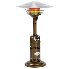 an outdoor patio heater with a white top and red light on the front side