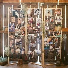 a room divider with pictures on it and wooden slats in the back ground