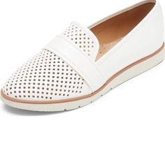 Rockport Women's Stacie Perf Loafer White Slip-on Loafers With Perforated Toe Box, White Slip-on Loafers With Cushioned Footbed, White Cushioned Slip-on Loafers, White Slip-on Flats With Perforated Toe Box, White Slip-on Moccasins For Spring, Spring Synthetic Flat Heel Moccasins, White Cushioned Loafers, Spring Slip-on Synthetic Loafers, Spring Synthetic Slip-on Loafers