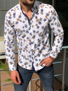 Slim-Fit Patterned Shirt white-baagr.myshopify.com-Shirt-BOJONI White Floral Shirt, Printed Garments, Oversize Tshirt Outfits, Gray Plaid Shirt, Nice Shirts, Casual Blouse Shirts, Floral Long Sleeve Shirt, Beige Shirt, Henley Shirt Men