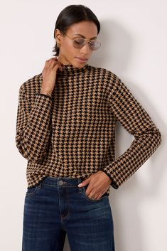 Add a classic sweater to your fall collection with the Houndstooth Pullover from Line and Dot, featuring a turtleneck silhouette and a relaxed fit. You'll love it paired with relaxed denim and boots. | LINE AND DOT Women's Houndstooth Pullover, Size XS, Brown Brown Turtleneck For Fall Workwear, Brown Turtleneck For Workwear In Fall, Fall Jacquard Knit Turtleneck Top, Chic Houndstooth Winter Tops, Fall Houndstooth Pattern Sweater For Workwear, Houndstooth Pattern Top For Fall, Fall Houndstooth Sweater For Work, Fall Houndstooth Pattern Sweater For Work, Fall Jacquard Knit Workwear Tops