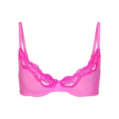 A sexy scoop bra with a comfortable fit and feminine stretchy lace trims. This unlined style features adjustable straps, supportive underwire, and hook and eye back closure. Fits true to size. Hot Pink Bra, Outfit Inso, Pink Lace Bra, Streetwear Inspo, Graphic Tee Style, Cute Bras, Lace Trims, Taffy, Demi Bra