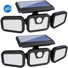 four solar powered motion activated security lights with 4 leds on each side and one light on the other