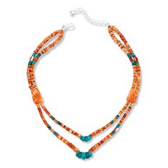 Jay King Spiny Oyster Shell and Turquoise Bead 2-Row Necklace  Vivid colors of orange, red and blue, together in a two-strand design, give this handcrafted gemstone bead necklace a fun, festive vibe that's sure to set the tone for stylish, summertime pursuits. From Jay King.       Approx. 18"L x 1-1/16"W with 2-3/4" extender     Stamped .925     Hook closure     Necklace has two strands of orange, red and white spiny oyster shell beads     Two freeform orange shell stations on sides     Blue-green turquoise bead accents throughout   Stone Information       All sizes and weights approximate     Orange-Red-White Spiny Oyster Shell - Disc (4-6mm), nugget (4x6mm to 5x8mm), freeform (14x20mm); harvested in Mexico     Stabilized Azure Peaks Turquoise - Freeform (6-10mm), disc (4x3mm to 5x3mm); m Orange Beaded Jewelry, Orange Multi-strand Colorful Beads Jewelry, Orange Multi-strand Hand-strung Jewelry, Orange Hand-strung Multi-strand Jewelry, Vibrant Orange Round Bead Jewelry, Vibrant Orange Round Beaded Jewelry, Orange Beaded Southwestern Necklace, Southwestern Orange Round Beads Jewelry, Southwestern Orange Round Bead Jewelry