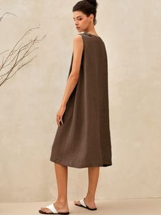 Sienna Linen Lightweight Sleeveless Dress Spring Sleeveless Shift Maxi Dress, Sleeveless Shift Maxi Dress For Spring, Casual Sleeveless Shift Maxi Dress, Brown Sleeveless Beach Dress, Sleeveless Shift Midi Dress For Summer, Sleeveless Shift Midi Dress For Daywear, Shift Sleeveless Midi Dress For Summer, Brown Sleeveless Sundress, Brown Sleeveless Sundress Midi Dress