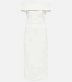 Bridal Amore off-shoulder crêpe midi dress in white - Rebecca Vallance | Mytheresa Elegant Off Shoulder Boat Neck Dress For Formal Occasions, Elegant Fitted Off-shoulder Boat Neck Dress, Elegant Fitted Off-shoulder Dress With Boat Neck, Elegant Off Shoulder Boat Neck Dress For Summer, Elegant Summer Off-shoulder Dress With Boat Neck, Chic Off-shoulder Midi Dress For Formal Occasions, Structured Boning Midi Dress With Fitted Bodice, Chic Off-shoulder Dresses With Structured Shoulders, Chic Fitted Midi Dress With Cutaway Shoulders