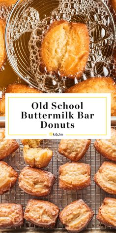 old school buttermilk bar donuts on a cooling rack with the words, old school buttermilk bar donuts