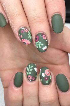 Who needs a green thumb when you've got petals on your fingers? Olive Nails, Unghie Nail Art, Floral Nail Designs, Floral Nail, Cute Nail Art Designs, Green Nail, Spring Nail Art