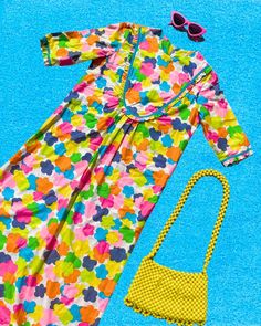 Vintage 1960's Novelty Print Rainbow Technicolor Flower Power Ruffled Maxi Dress 🌈 A true technicolor dream! The flowers remind me of little rainbow clouds ☁️ Brand is "Andrade Resort Shops Honolulu", marked a Size Small.  There is no material marked but feels like cotton.  Features 3/4 sleeves, darts at the bust, a ruffled bib detail on the front with matching ruffled sleeves and hem, and a metal zipper at the back.  There are no stains, rips, tears or flaws to note -- this piece is in excellent vintage condition!  Please carefully review measurements to ensure size and fit! There is little to no stretch to this piece.  Measurements are taken flat, please double where needed: Shoulder to shoulder - 15" Pit to pit - 18"  Arm Opening - 7.5" Sleeve Length - 13" Waist - 17" Hips - 20.5" Leng Vintage Multicolor Spring Dresses, 1970s Multicolor Summer Dresses, Multicolor 1970s Summer Dresses, Groovy Multicolor Spring Dress, Groovy Multicolor Retro Print Dress, Groovy Multicolor Dress With Retro Print, Multicolor 1970s Spring Dresses, Multicolor Groovy Dress With Retro Print, Retro Multicolor Spring Dress