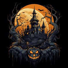 an image of a scary castle with pumpkins