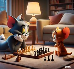 the mouse and cat are playing chess together