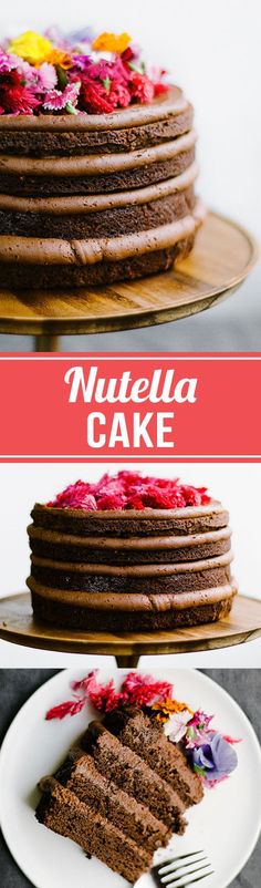 there is a chocolate cake with flowers on it and the words nutella cake above it