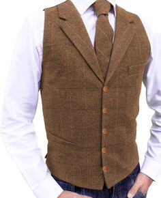 Elegant Brown Business Vest, Elegant Brown Vest With Notch Lapel, Elegant Brown Notch Lapel Vest, Brown Business Vest With Notch Lapel, Brown Notch Lapel Vest For Business, Elegant Suit And Tie Accessories For Fall, Classic Formal Winter Vest, Classic Brown Blazer For Groom, Classic Semi-formal Blazer With Vest Details