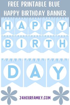 Blue free printable happy birthday banner for a boys birthday party, 1st birthday party decorations, blue birthday party decorations for 2nd birthday party.