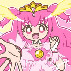 an anime character with pink hair and angel wings holding a gold coin in her hand