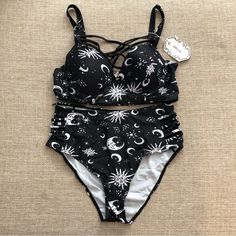 Look Fabulous In This Women's Two Piece Bikini In Size L With A Black High-Waisted Bottom Featuring A Fun Sun Moon Stars Pattern. The Wide Strap Bikini Top Offers Both Support And Style, While The Adjustable Strap And Lined Features Add Extra Comfort And Versatility. This Bikini From Jmsun Is Made From Elasthane And Polyamide Materials And Requires Hand Wash Only For Maintenance. Perfect For Any Beach Or Pool Day, This Bikini Is Sure To Turn Heads. Molded Cups, Underwire. Celestial Bathing Suit, Star Swimsuit Bikinis, Goth Bathing Suit Bikinis, Cute Goth Bikinis, Cute Emo Bikinis, Green Swimwear, Tropical Bikinis, Underwire Tankini, Bathing Suit Bottoms