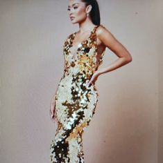 a woman in a gold sequin dress posing for the camera with her hands on her hips