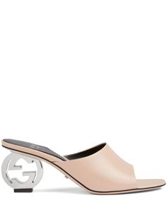 powder pink leather smooth grain round open toe single toe strap slip-on style sculpted heel branded leather insole leather outsole Gucci Formal Summer Mules, Summer Formal Gucci Mules, Gucci High Heel Mules With Branded Heel Counter, Gucci Designer High Heel Mules, Gucci Elegant High Heel Mules, Elegant Gucci High Heel Mules, Gucci Leather Mules For Evening, Calf Leather Open Toe Mules With Reinforced Heel, Chic Gucci Mules For Evening