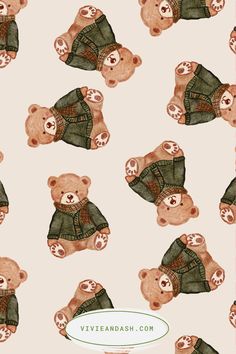 a teddy bear wearing a green jacket and hat on top of a pink wallpaper