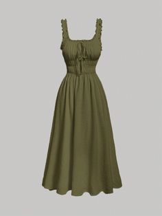 Women's Army Green Solid Color Simple Everyday Vest Dress With Pleats And Lace-Up Bow,Western,Vintage Army Green Casual  Sleeveless Woven Fabric Plain Cami Non-Stretch  Women Clothing, size features are:Bust: ,Length: ,Sleeve Length: Green Milkmaid Dress, Dangri Dress Women, Dangri Dress, Classy Vintage Outfits, Cottage Core Clothes, Cottage Core Dresses, Style Vert, Hippie Style Clothing, Fashion Cap