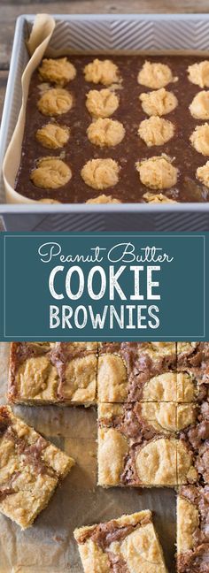 peanut butter cookie brownies are cut into squares and placed on top of each other