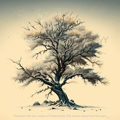 a painting of a tree in winter with snow on the ground and rocks under it