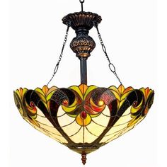 a stained glass chandelier hanging from the ceiling