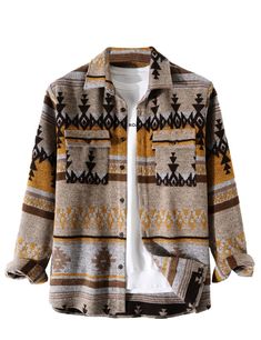 PRICES MAY VARY. Fabric: Polyester and Cotton,cozy,warm / Machine Wash Loose fit, basic turn down collar, ethnic geometric color block design, dropped shoulders, long sleeves, tribal Aztec pattern, button cuffs, flat hem, curved sides, 2 flap chest pockets This casual soft vintage western ethnic button down shirt shacket jacket pairs perfectly with your basic tee, jeans, and sweatpants and will never go out of style! Great for daily casual, home, vacation, party, outdoor, club, date, school, off Winter Blouses, Jersey Vintage, Plaid Shirt Men, Wool Shirt, Jacket Outfit, Mens Plaid, Moda Vintage, Retro Chic, Mode Vintage