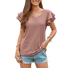 Women Blouses Summer Casual Tops for Spring And Summer This shirt has a fashion style with ruffle sleeves, It can dressy perfect all-purpose style clothing for your wardrobe. This tunic top is lightweight and has a comfortable fabric that is comfortable and cool in hot weather. This tshirt or top is specially designed for you who enjoy the daily life. Product Details Womens tops petal short sleeve trendy dressy t shirts is good for summer vacation and journey. Size: S, M, L, XL, 2XL (Please read Summer Tops With Ruffle Sleeves In Solid Color, Summer Ruffle Sleeve Tops In Solid Colors, Summer Solid Color Tops With Ruffle Sleeves, Solid Color Ruffle Sleeve Tops For Spring, Spring Ruffle Sleeve Tops In Solid Color, Non-stretch Ruffled Short Sleeve Tops, Feminine Solid Color Short Sleeve Tops, Non-stretch Feminine Cotton Tops, Casual Solid Color Top With Ruffle Sleeves