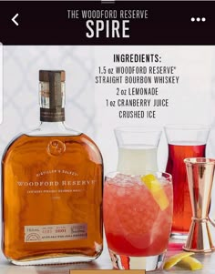 the official bourbon ad for woodford reserve, featuring two different types of drinks and a pitcher