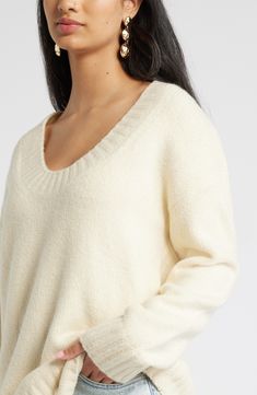 A scooped V-neck gives a graceful look to this sumptuous sweater that's just in time for the layering seasons. V-neck Long sleeves Ribbed cuffs and hem 40% nylon, 36% acrylic, 20% cotton, 4% spandex Hand wash, dry flat Imported Cream Oversized V-neck Sweater, White Soft Knit V-neck Sweater For Layering, Off White V-neck Top For Fall, Cream V-neck Sweater For Layering, Cozy Winter White V-neck Tops, Cream Soft Knit V-neck Sweater, Casual Off-white V-neck Sweater, Winter White V-neck Sweater For Layering, Just In Time