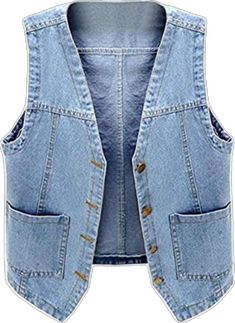 Trendy Cotton Denim Vest With Snap Buttons, Trendy Denim Vest With Button Closure, Casual Button-up Vest Outerwear, Spring Button-up Vest With Pockets, Trendy Denim Blue Vest Outerwear, Trendy Spring Vest With Buttons, Medium Wash Casual Denim Vest With Buttons, Casual Medium Wash Denim Vest With Buttons, Trendy Cotton Vest With Snap Buttons