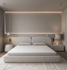 a bedroom with a bed, nightstands and lamps on either side of the bed