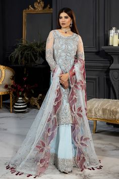 Blue Pakistani Wedding Dress in Kameez Sharara Style Angrakha Short Frock, Flowy Outfit, Ice Blue Dress, Pakistani Salwar, Pakistani Wedding Dress, Net Dress, Readymade Saree, Unique Outfit, Pakistani Salwar Kameez