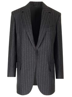 Dark grey pinstriped blazer from Brunello Cucinelli, with lapel collar, side flap pockets, welt chest pocket and one-button front fastening. Pinstripe Business Suits With Lapel Collar, Pinstripe Suits With Lapel Collar For Business, Classic Pinstripe Blazer For Business, Classic Pinstripe Sport Coat For Formal Occasions, Formal Pinstripe Blazer With Welt Pockets, Pinstripe Blazer With Welt Pockets For Formal Occasions, Striped Blazer With Lapel Collar For Business, Classic Pinstripe Blazer With Lapel Collar, Classic Tailored Pinstripe Sport Coat