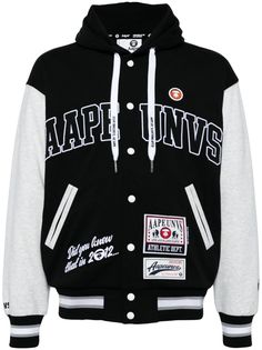 black/white appliqué logo logo patch to the front embroidered slogan logo waistband striped border drawstring hood drop shoulder long sleeves front press-stud fastening elasticated cuffs elasticated hem College Hip Hop Hooded Varsity Jacket, Hip Hop Hooded Varsity Jacket For College, Hip Hop Style Hooded Varsity Jacket For College, College Hooded Varsity Jacket With Double-lined Hood, Varsity Hooded Jacket With Double-lined Hood For College, Casual Hooded Varsity Jacket With Letter Print, Hooded College Style Outerwear With Letter Print, College Style Hooded Outerwear With Letter Print, Hooded Varsity Jacket With Double-lined Hood