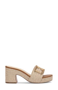 An oversized buckle details the vamp of an espadrille-inspired slide sandal lifted by a jute-wrapped platform and block heel. 3" heel; 3/4" platform Textile upper/synthetic lining/rubber sole Imported Denim Espadrilles, Espadrilles Slides, Heeled Espadrilles, Raffia Sandals, Espadrilles Platform, Platform Slides, Platform Wedge Sandals, Blue Sandals, Platform Wedges