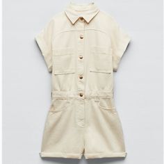 Zara Ecru Short Sleeve Denim Collar Jumpsuit - Never Worn - Elastic Waist Combi Short Maje, Cream Jumpsuits And Rompers With Pockets For Summer, Neutral Summer Casual Jumpsuits And Rompers, Neutral Casual Jumpsuits And Rompers For Summer, Beige Cotton Overalls For Summer, Summer Neutral Jumpsuits And Rompers With Pockets, Neutral Summer Jumpsuits And Rompers With Pockets, Summer Neutral-colored Jumpsuits And Rompers With Pockets, Cream Cotton Jumpsuits And Rompers With Pockets