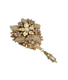 This brooch evokes the glamour, elegance and dazzle of the golden era of Hollywood.  Made in the style of jewelry from the great designers such as Haskell, Hagler, Hess and Robert, this is a new piece designed and hand-assembled by me in the same manner used in the timeless, classic pieces of these designers From A Bygone Time.  Most elements and layers are individually wired on to build the interest and dimension, just as they in back then.  Historic style jewelry is such a wonderful way to add Heirloom Gold Brooches For Evening, Heirloom Gold Evening Brooches, Ornate Gold Brooches For Vintage Events, Antique White Brooches For Wedding, Heirloom Gold Brooch For Formal Occasions, Heirloom Gold Brooches For Formal Occasion, Victorian Gold Brooches For Evening, Elegant Brooch Pins For Vintage Events, Elegant Vintage Brooch Pins